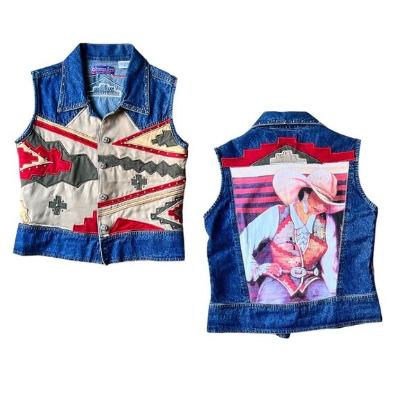Foreman Burns Cowgirls Blue Jean Southwest Vest with silver stud details Size M - Picture 1 of 13
